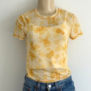 Abercrombie & Fitch Yellow Floral Mesh Tee S Coquette Boho Chic Sheer Fairycore